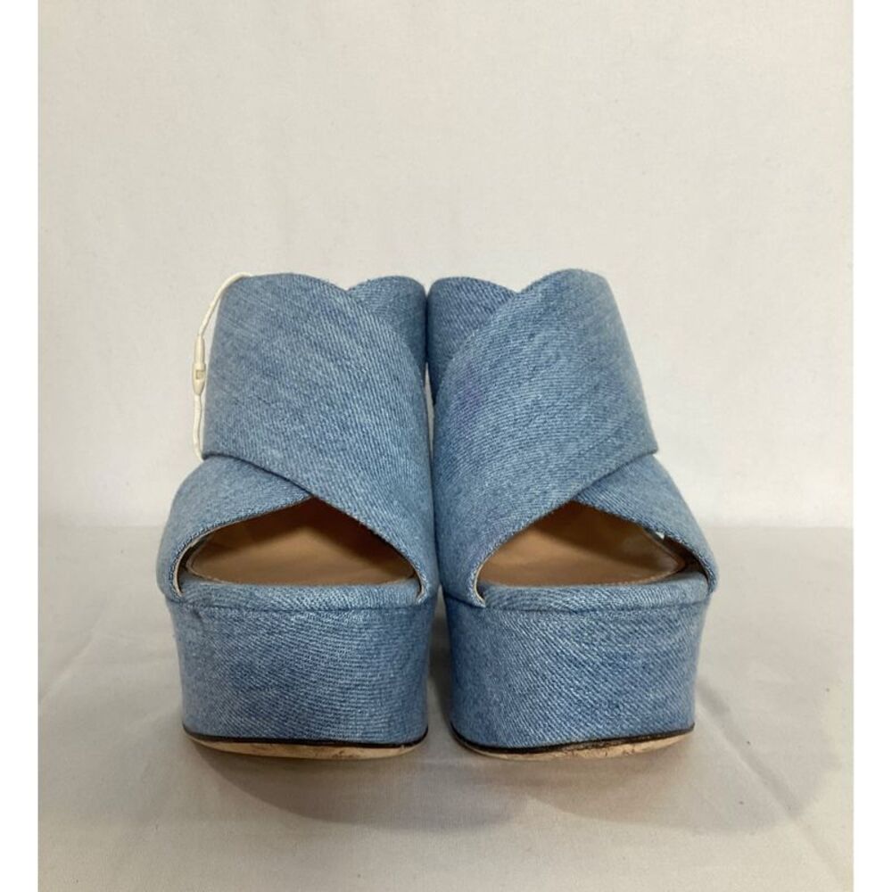 Sergio Rossi Alma Slip-On Wedge Sandals in Blue Cotton Denim - Picture 2 of 10